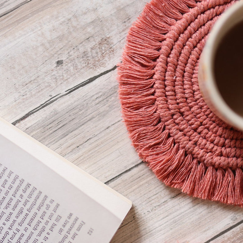 Handmade Macrame Peach Table Coasters - Set of 2 | Verified Sustainable Coasters on Brown Living™