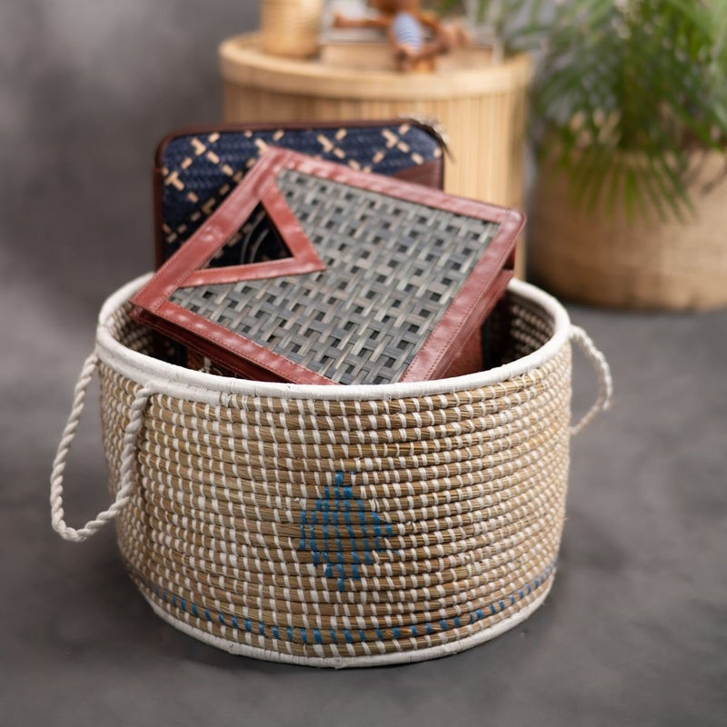 Handmade Moonj Grass Declutter Basket - Indigo-Diamond | Verified Sustainable Baskets & Boxes on Brown Living™