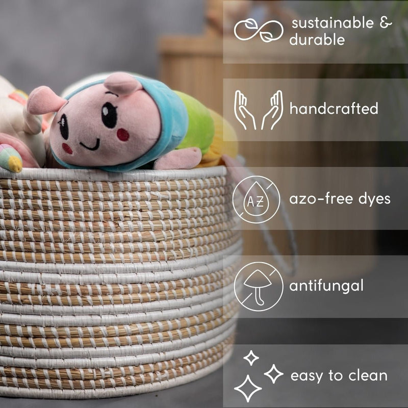 Handmade Moonj Grass Declutter Basket - White-Centre Strip | Verified Sustainable Baskets & Boxes on Brown Living™