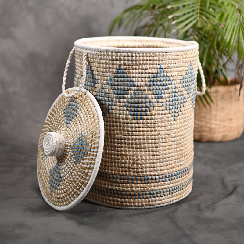 Handmade Moonj Grass Laundry Basket - Indigo-Diamond | Verified Sustainable Baskets & Boxes on Brown Living™