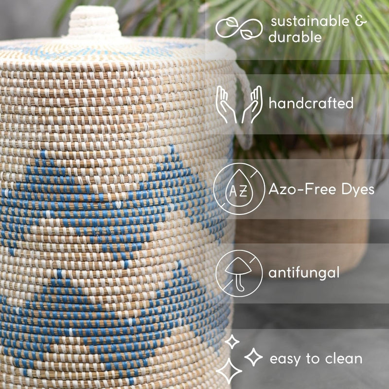 Handmade Moonj Grass Laundry Basket - Indigo-Wave | Verified Sustainable Baskets & Boxes on Brown Living™