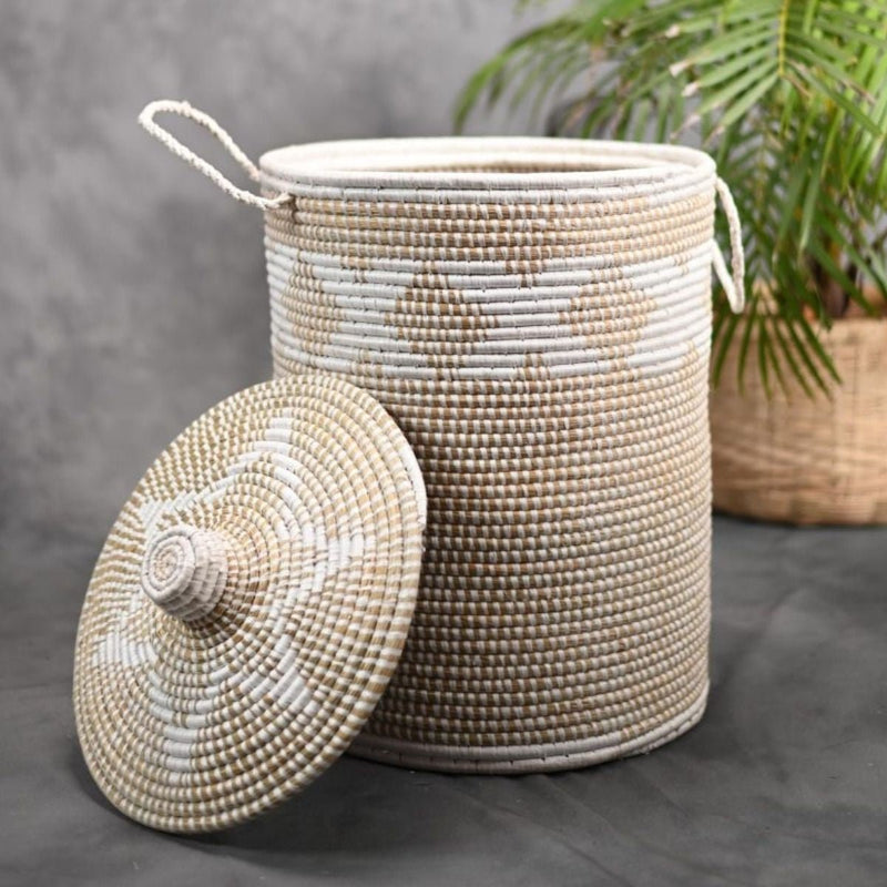 Handmade Moonj Grass Laundry Basket - White-Cross | Verified Sustainable Baskets & Boxes on Brown Living™