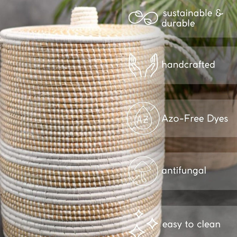 Handmade Moonj Grass Laundry Basket - White-Line | Verified Sustainable Baskets & Boxes on Brown Living™