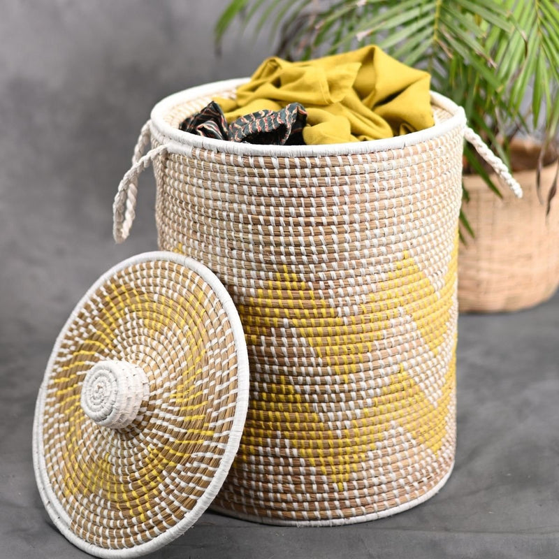 Handmade Moonj Grass Laundry Basket - Yellow-Wave | Verified Sustainable Baskets & Boxes on Brown Living™