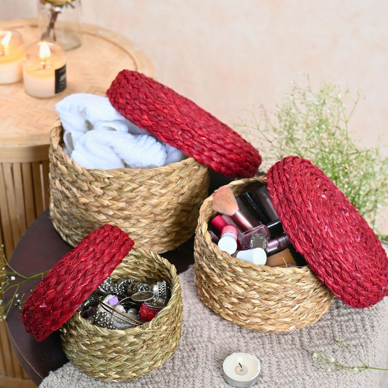 Handmade Sabai Gift Box- Red | Set of 3 | Verified Sustainable Baskets & Boxes on Brown Living™