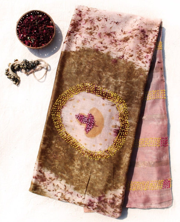 Handwoven Krishna Maheshwari Saree - Imprinted With Marigold & Rose | Verified Sustainable Womens Saree on Brown Living™