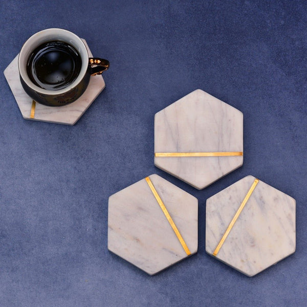 Hexagonal White Marble Inlay Coasters (Set of 4) | Verified Sustainable Coasters on Brown Living™