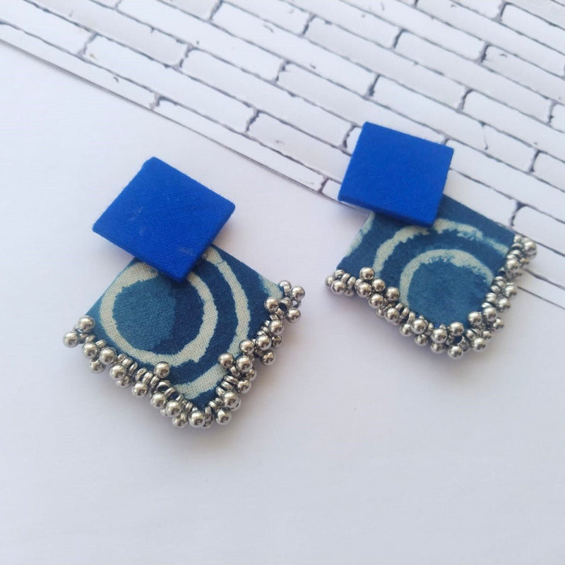 Indigo Print And Silver Ghungroo Fabric Earrings | Verified Sustainable Womens earrings on Brown Living™