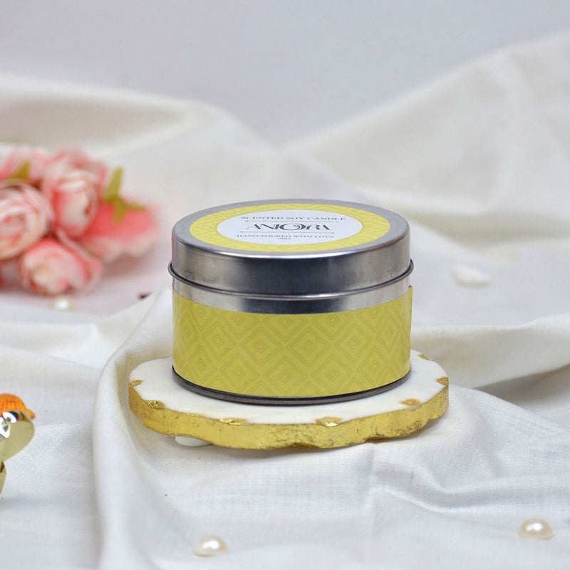 Jasmine Scented Soy Wax Candle in Tin with Flowers and Stones | Verified Sustainable Candles & Fragrances on Brown Living™