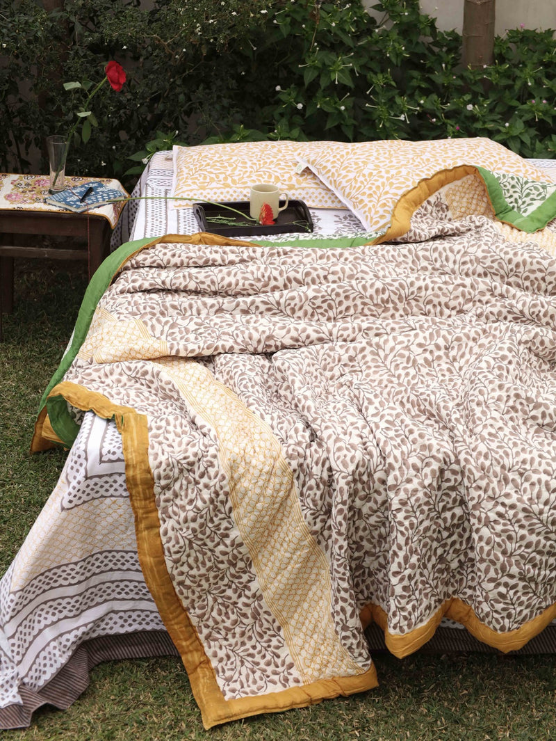 Reversible Hand-Printed Quilt- Luxe Comfort in Green & Yellow