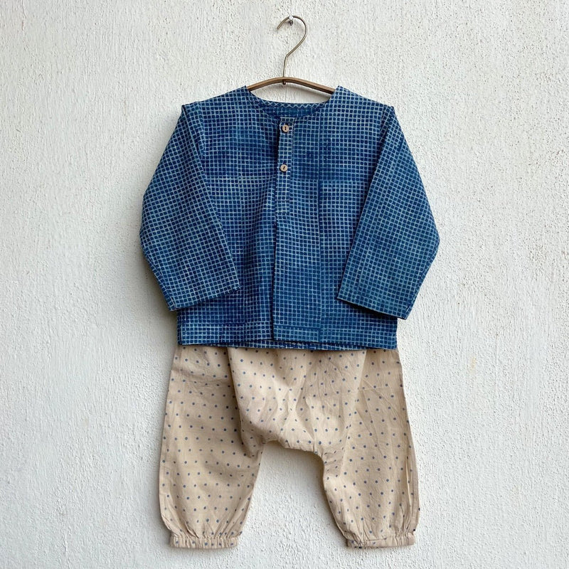 Kids Unisex Organic Cotton Check and Raidana with Raidana Pants- Indigo | Verified Sustainable Kids Daywear Sets on Brown Living™