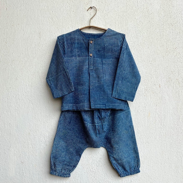 Kids Unisex Organic Cotton Indigo Check Kurta and Matching Pants | Verified Sustainable Kids Daywear Sets on Brown Living™