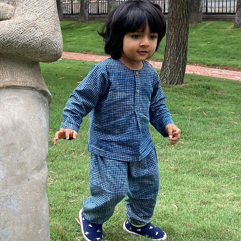 Kids Unisex Organic Cotton Indigo Check Kurta and Matching Pants | Verified Sustainable Kids Daywear Sets on Brown Living™