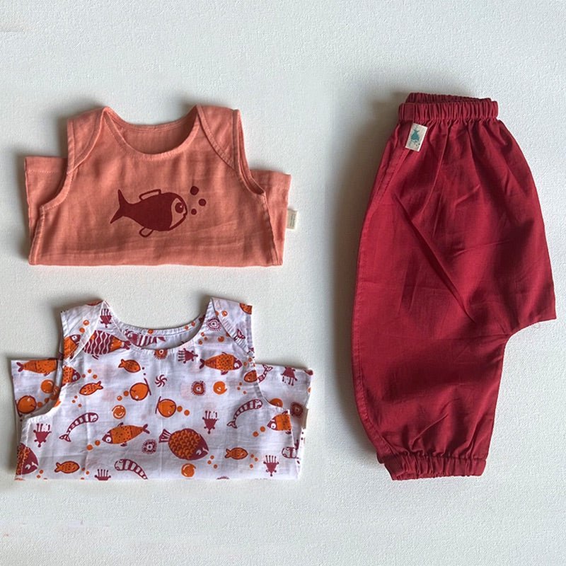 Kids Unisex Organic Cotton Koi Jhabla Bag- Koi and Jhabla with Pants- Red | Verified Sustainable Kids Daywear Sets on Brown Living™