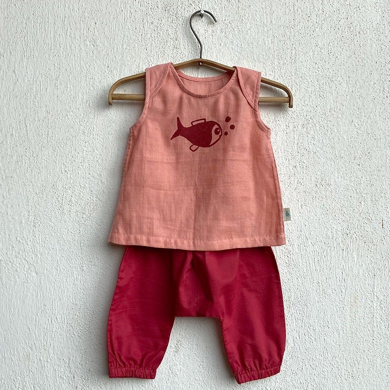 Kids Unisex Organic Cotton Koi Jhabla Bag- Koi and Jhabla with Pants- Red | Verified Sustainable Kids Daywear Sets on Brown Living™