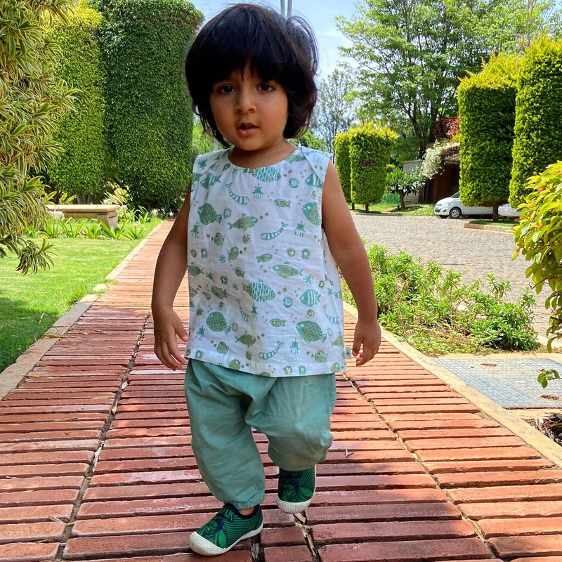 Kids Unisex Organic Cotton Koi Mint Jhabla with Mint Pants | Verified Sustainable Kids Daywear Sets on Brown Living™