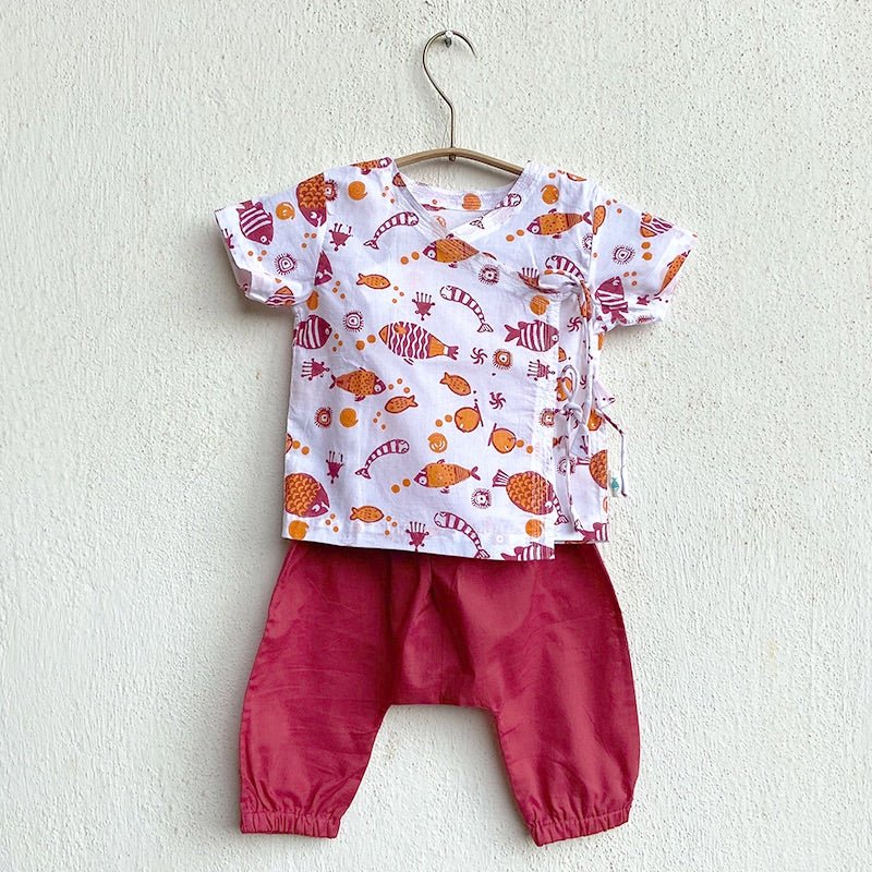 Kids Unisex Organic Cotton Koi Red Angarakha and Matching Pants | Verified Sustainable Kids Daywear Sets on Brown Living™