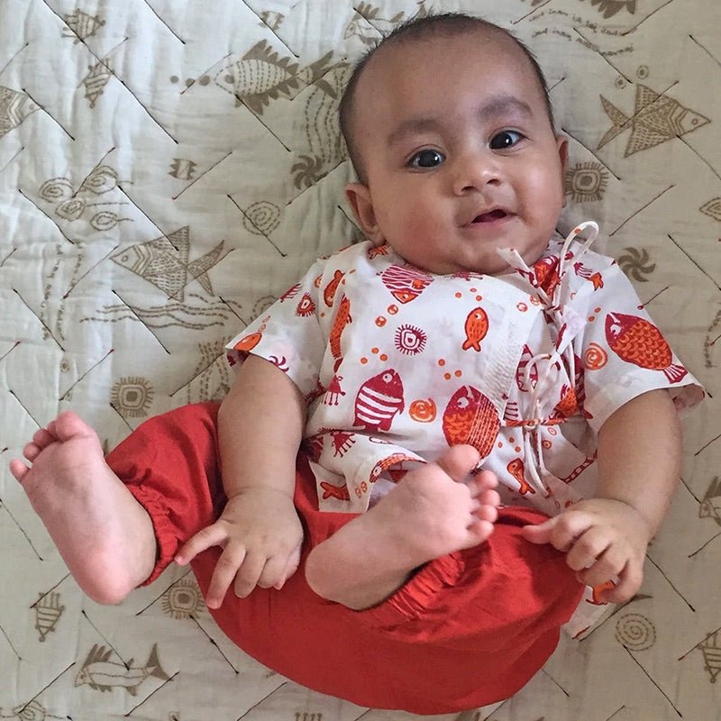 Kids Unisex Organic Cotton Newborn Bag - Patang and Koi Red Angrakha | Verified Sustainable Kids Daywear Sets on Brown Living™