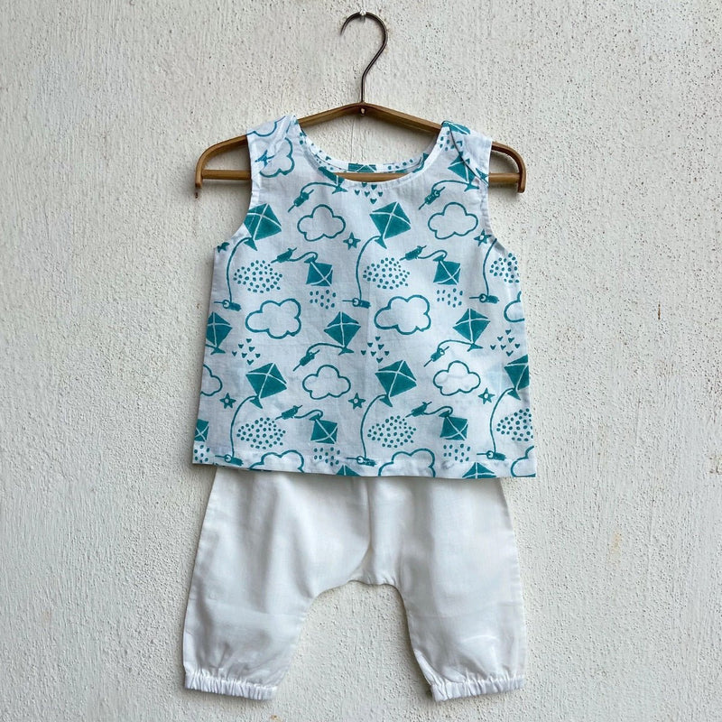 Kids Unisex Organic Cotton Patang Print Teal Jhabla Top and White Pants | Verified Sustainable Kids Daywear Sets on Brown Living™