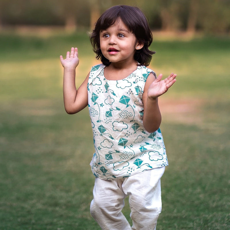 Kids Unisex Organic Cotton Patang Print Teal Jhabla Top and White Pants | Verified Sustainable Kids Daywear Sets on Brown Living™