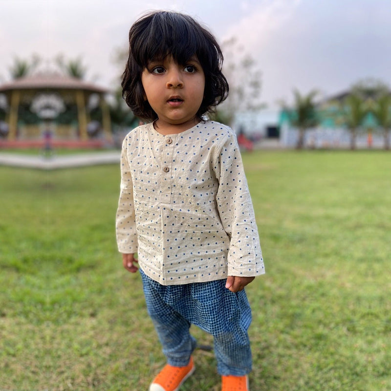 Kids Unisex Organic Cotton Raidana Kurta and Check Pants- Indigo | Verified Sustainable Kids Daywear Sets on Brown Living™