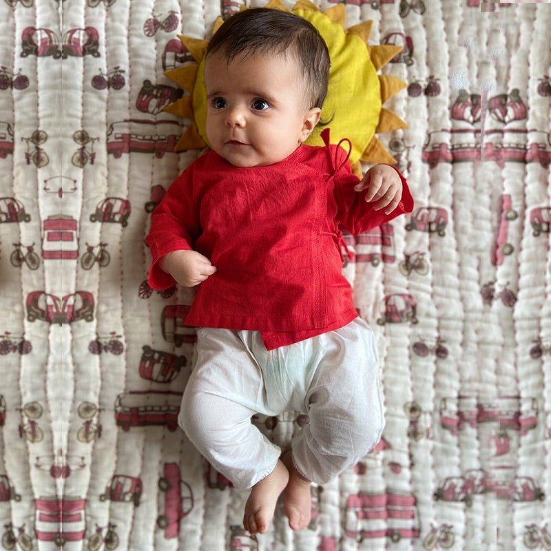 Kids Unisex Organic Cotton Red Angrakha and White Pants | Verified Sustainable Kids Daywear Sets on Brown Living™