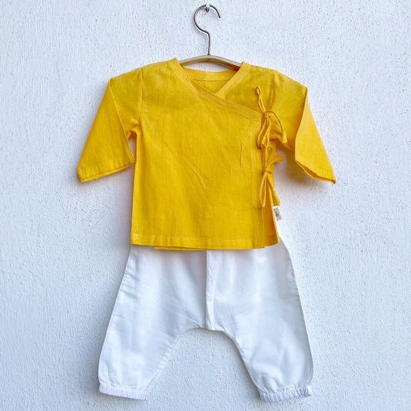 Kids Unisex Organic Cotton Yellow Angrakha and White Pants | Verified Sustainable Kids Daywear Sets on Brown Living™