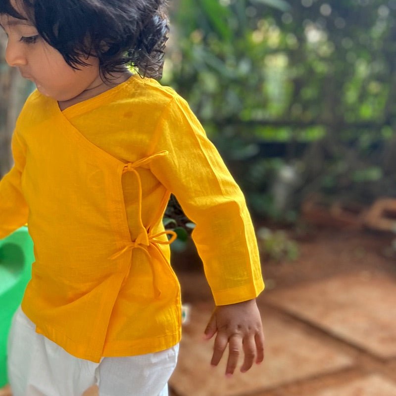 Kids Unisex Organic Cotton Yellow Angrakha and White Pants | Verified Sustainable Kids Daywear Sets on Brown Living™