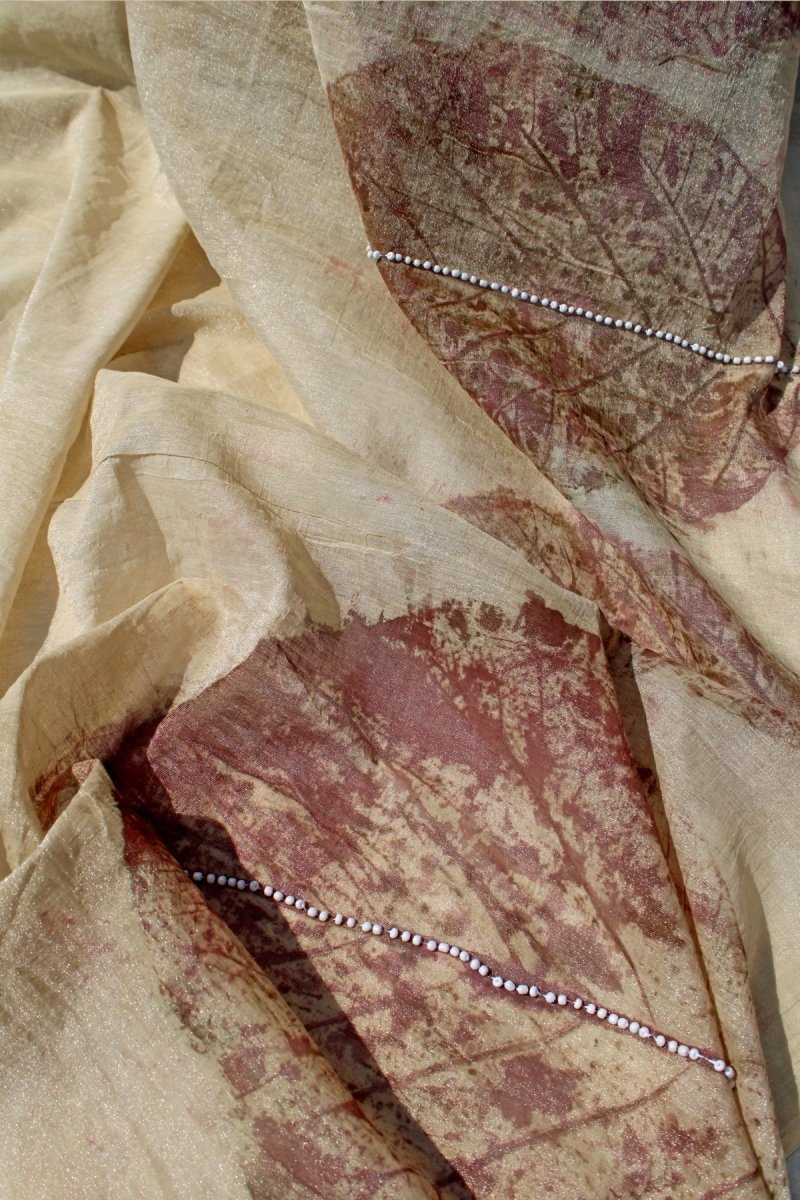 Leela - Handcrafted Chanderi Saree - Leaf Imprinted With Pearl Lembroidery | Verified Sustainable Womens Saree on Brown Living™