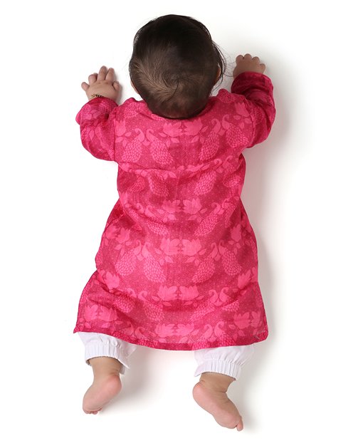 Maanik - Chanderi Peacock Printed Infant Kurta with Attached Pyjama (Onesie) | Verified Sustainable Kids Ethnic Sets on Brown Living™