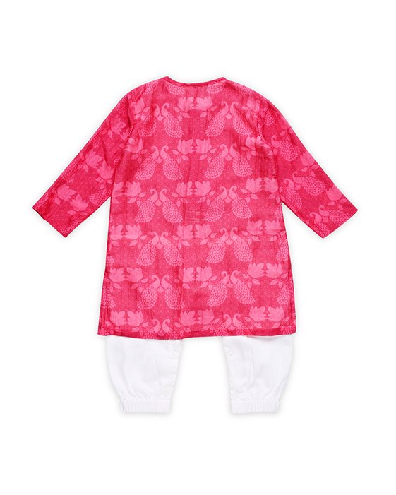 Maanik - Chanderi Peacock Printed Infant Kurta with Attached Pyjama (Onesie) | Verified Sustainable Kids Ethnic Sets on Brown Living™