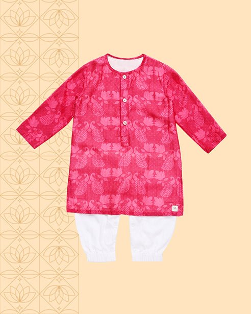 Maanik - Chanderi Peacock Printed Infant Kurta with Attached Pyjama (Onesie) | Verified Sustainable Kids Ethnic Sets on Brown Living™