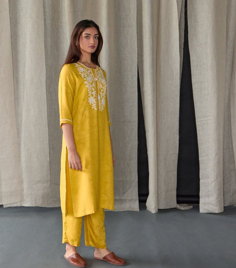 Mustard Jacquard Kurta Set | Verified Sustainable Womens Kurta on Brown Living™