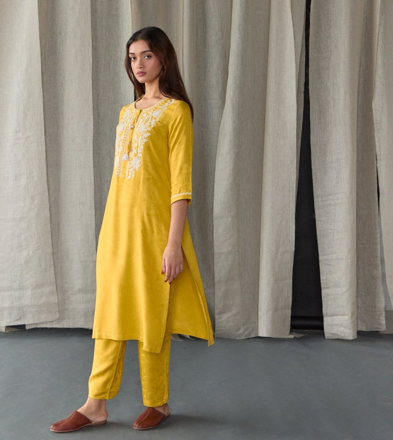 Mustard Jacquard Kurta Set | Verified Sustainable Womens Kurta on Brown Living™