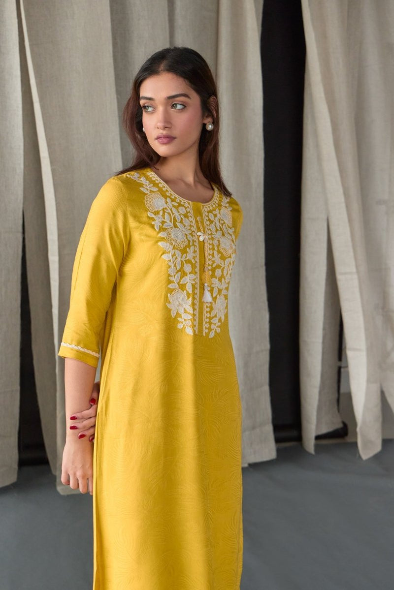 Mustard Jacquard Kurta Set | Verified Sustainable Womens Kurta on Brown Living™