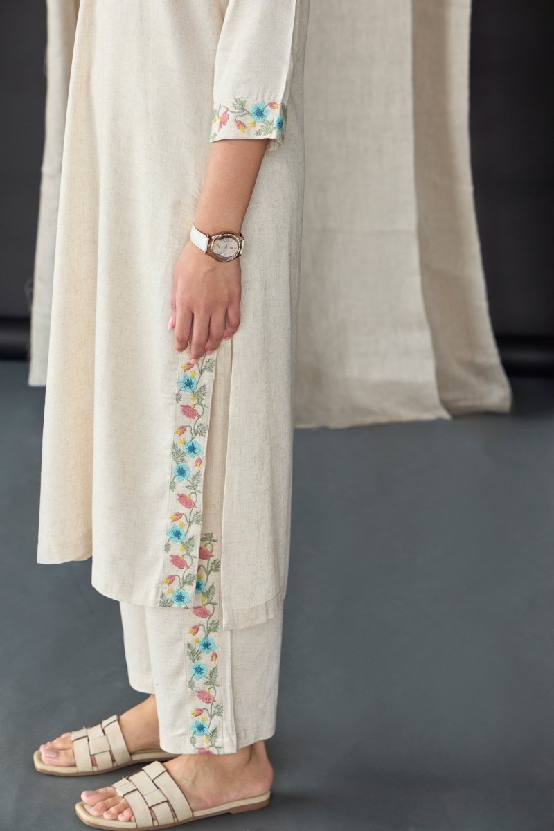 Natural Linen Embroidered Kurta Set | Verified Sustainable Womens Kurta on Brown Living™