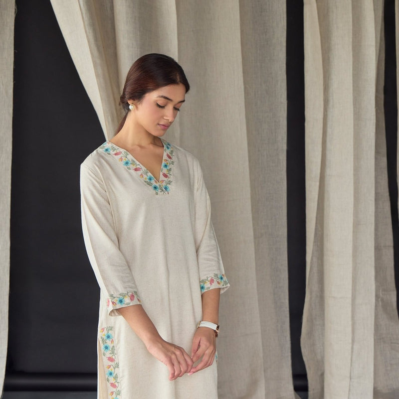 Natural Linen Embroidered Kurta Set | Verified Sustainable Womens Kurta on Brown Living™