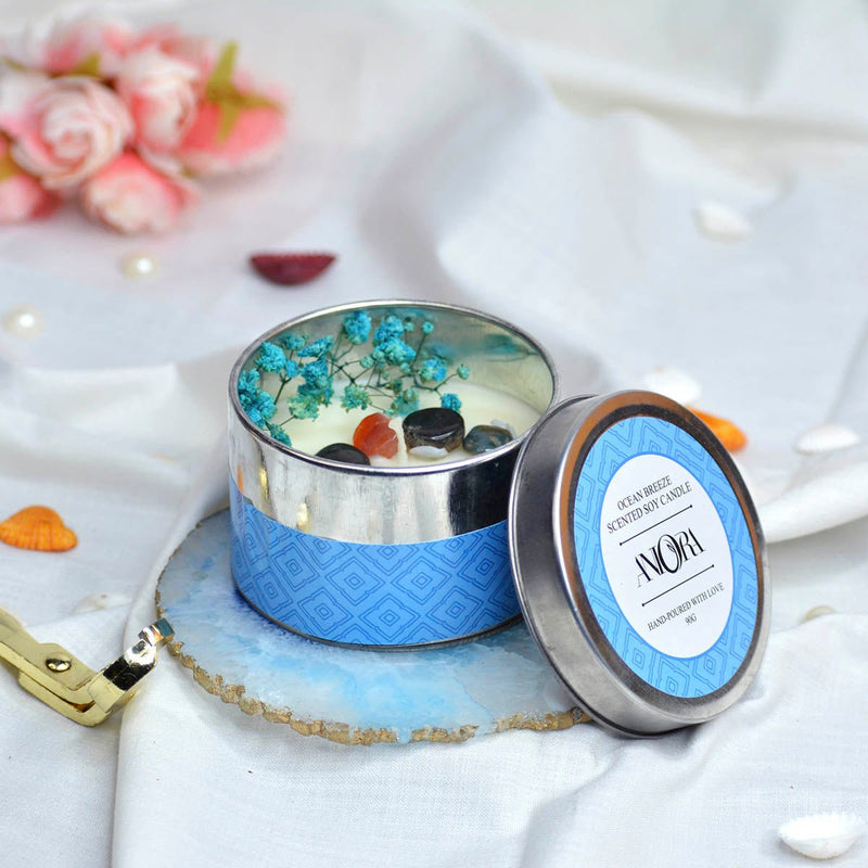 Ocean Breeze Scented Soy Wax Candle in Tin with Flowers and Stones | Verified Sustainable Candles & Fragrances on Brown Living™