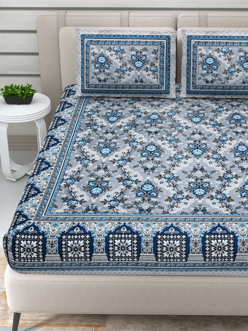 Jaipuri Hand Printed Queen Size Cotton Bedding Set- Blue