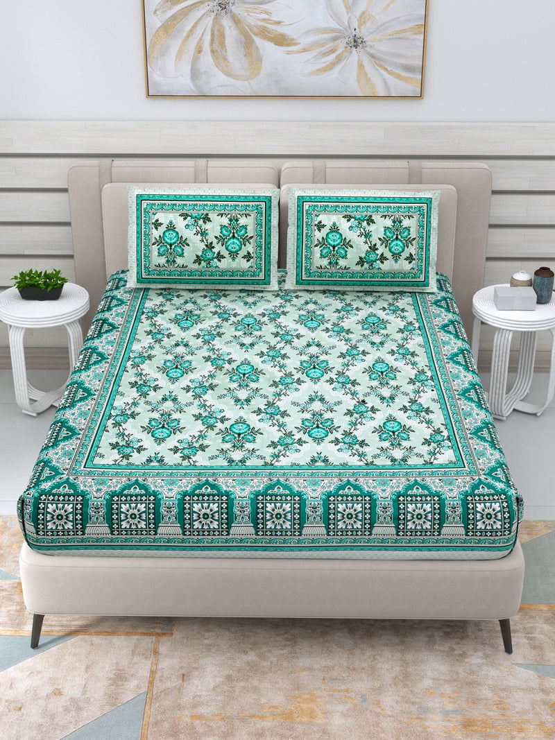 Jaipuri Hand Printed Queen Size Cotton Bedding Set- Green