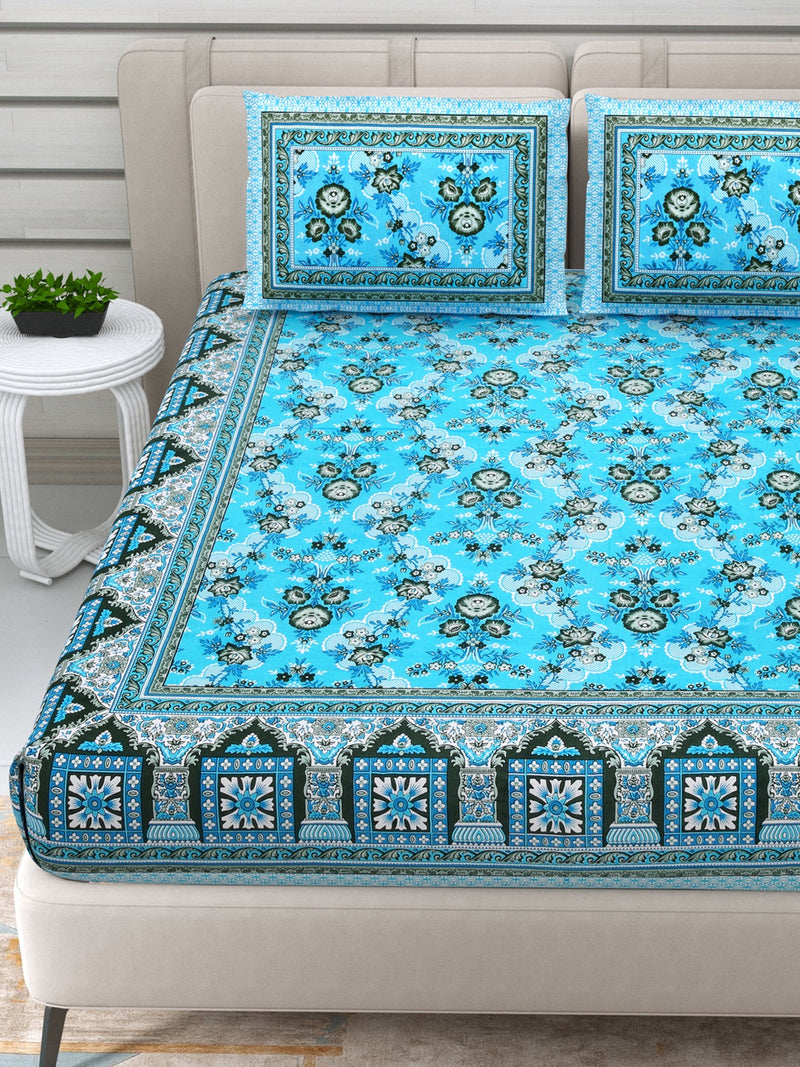 Jaipuri Hand Printed Queen Size Cotton Bedding Set- Blue