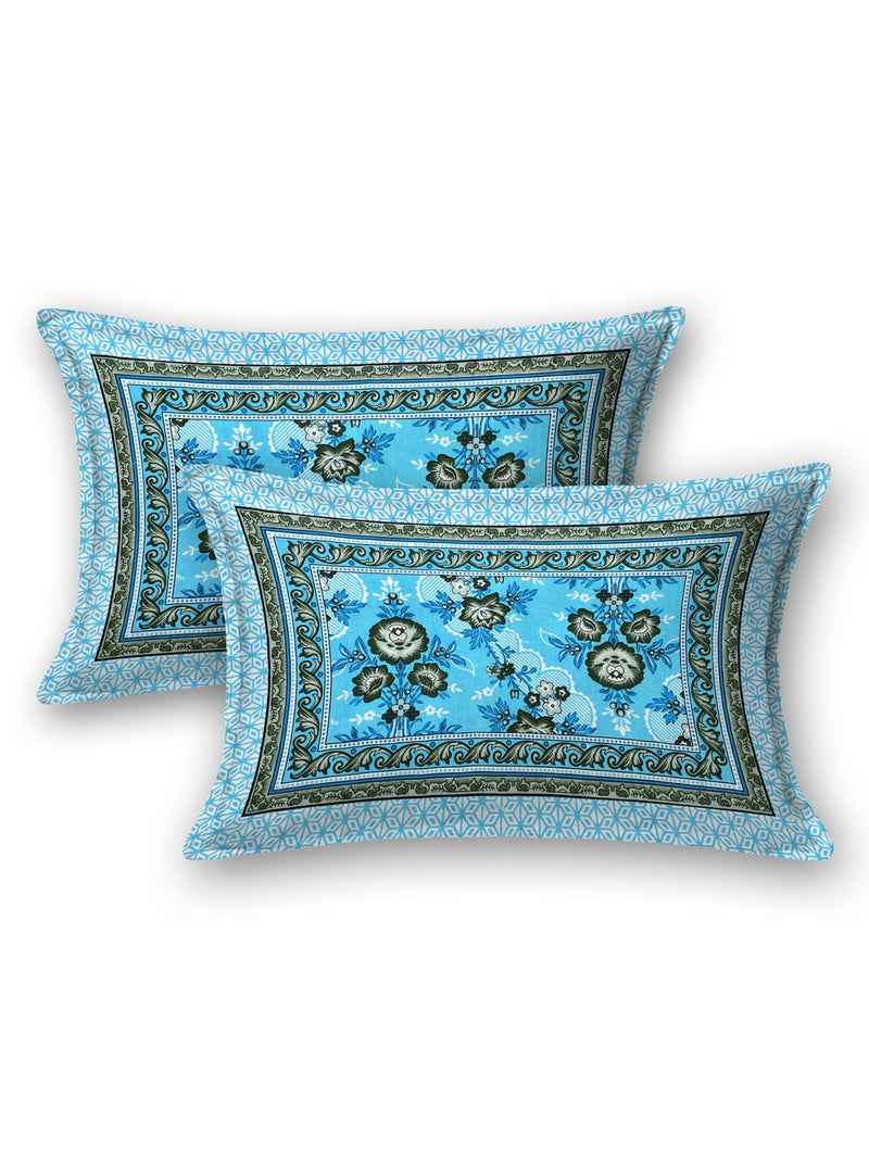 Jaipuri Hand Printed Queen Size Cotton Bedding Set- Blue