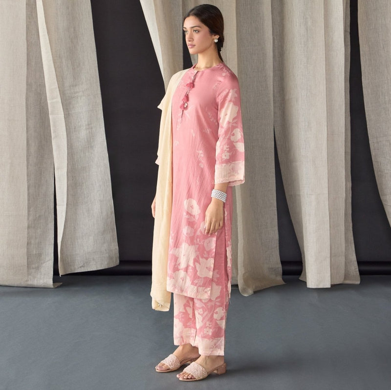 Pink Floral Tencel Kurta (Set of 3) | Verified Sustainable Womens Kurta on Brown Living™