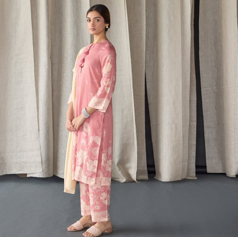 Pink Floral Tencel Kurta (Set of 3) | Verified Sustainable Womens Kurta on Brown Living™