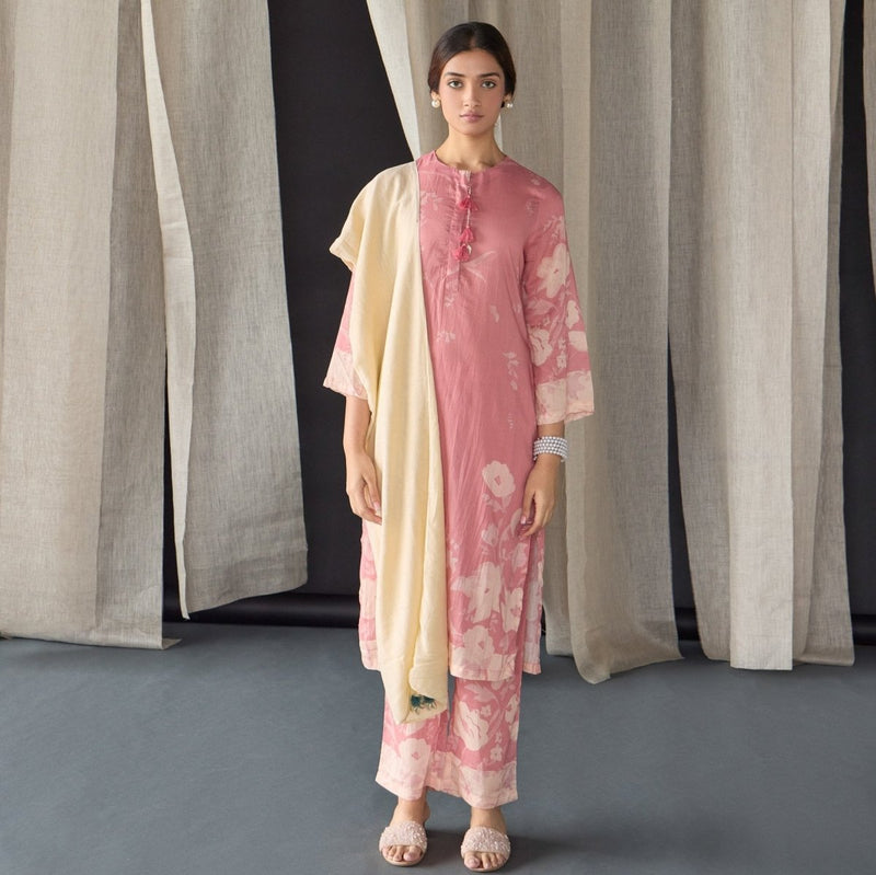 Pink Floral Tencel Kurta (Set of 3) | Verified Sustainable Womens Kurta on Brown Living™