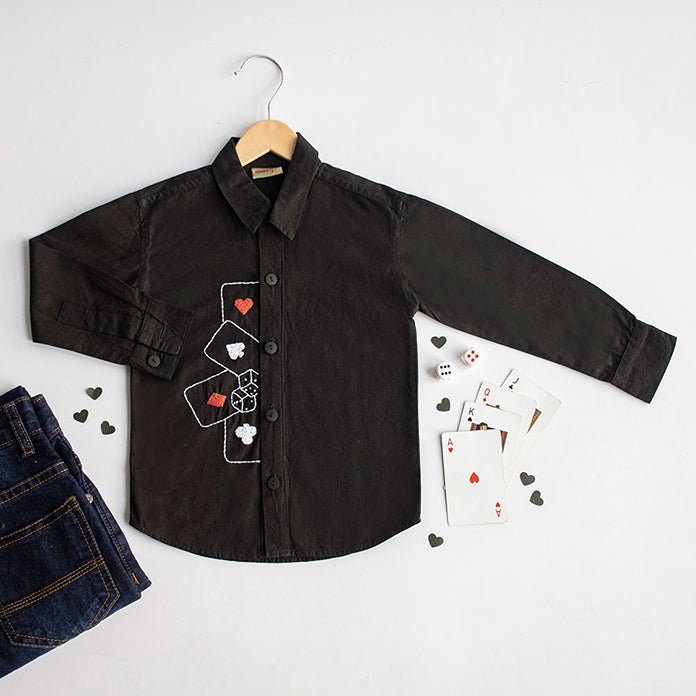 Playing Cards & Dice Embroidered 100% Organic Cotton - Black | Verified Sustainable Kids Shirts on Brown Living™