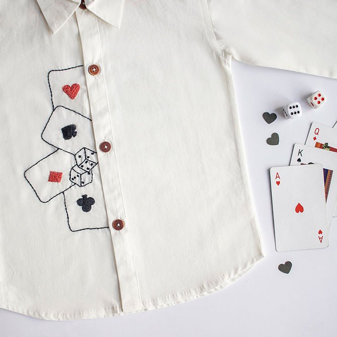 Playing Cards & Dice Embroidered 100% Organic Cotton - White | Verified Sustainable Kids Shirts on Brown Living™