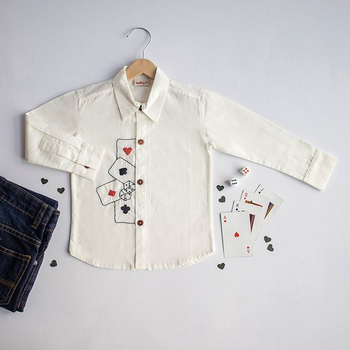 Playing Cards & Dice Embroidered 100% Organic Cotton - White | Verified Sustainable Kids Shirts on Brown Living™