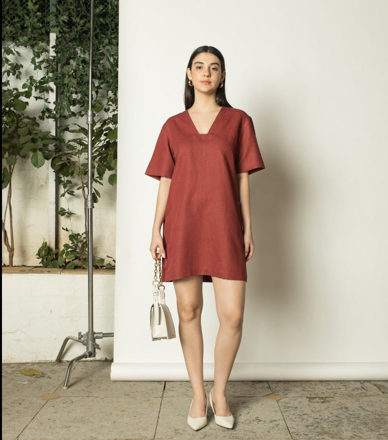 Plunge-Neck Shift hemp Cotton Dress | Verified Sustainable Womens Dress on Brown Living™