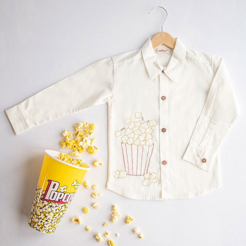 Popcorn Embroidered Unisex Organic Cotton Shirt- White | Verified Sustainable Kids Shirts on Brown Living™